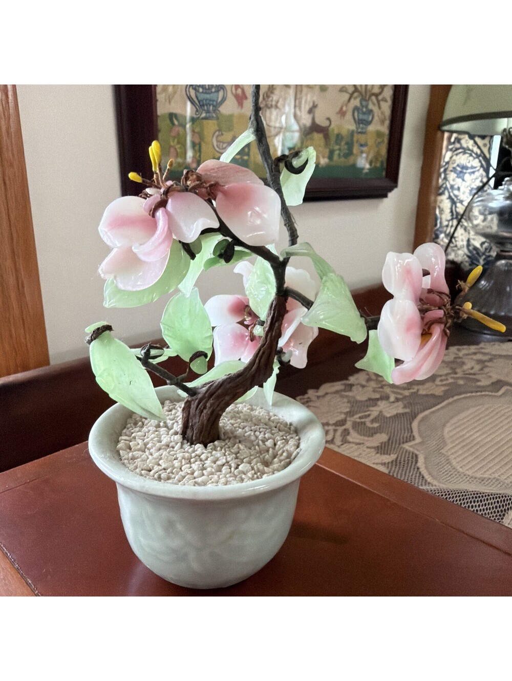 Vintage Chinese Jade Glass Bonsai Tree Pink Cherry Blossom 8” Flower Celadon Pot - Picture 2 of 10